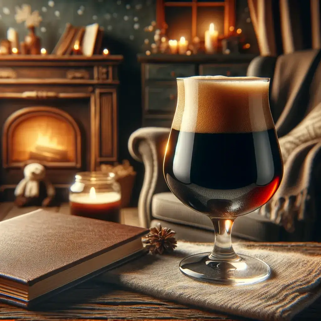 Glass of porter on a desk by the fire