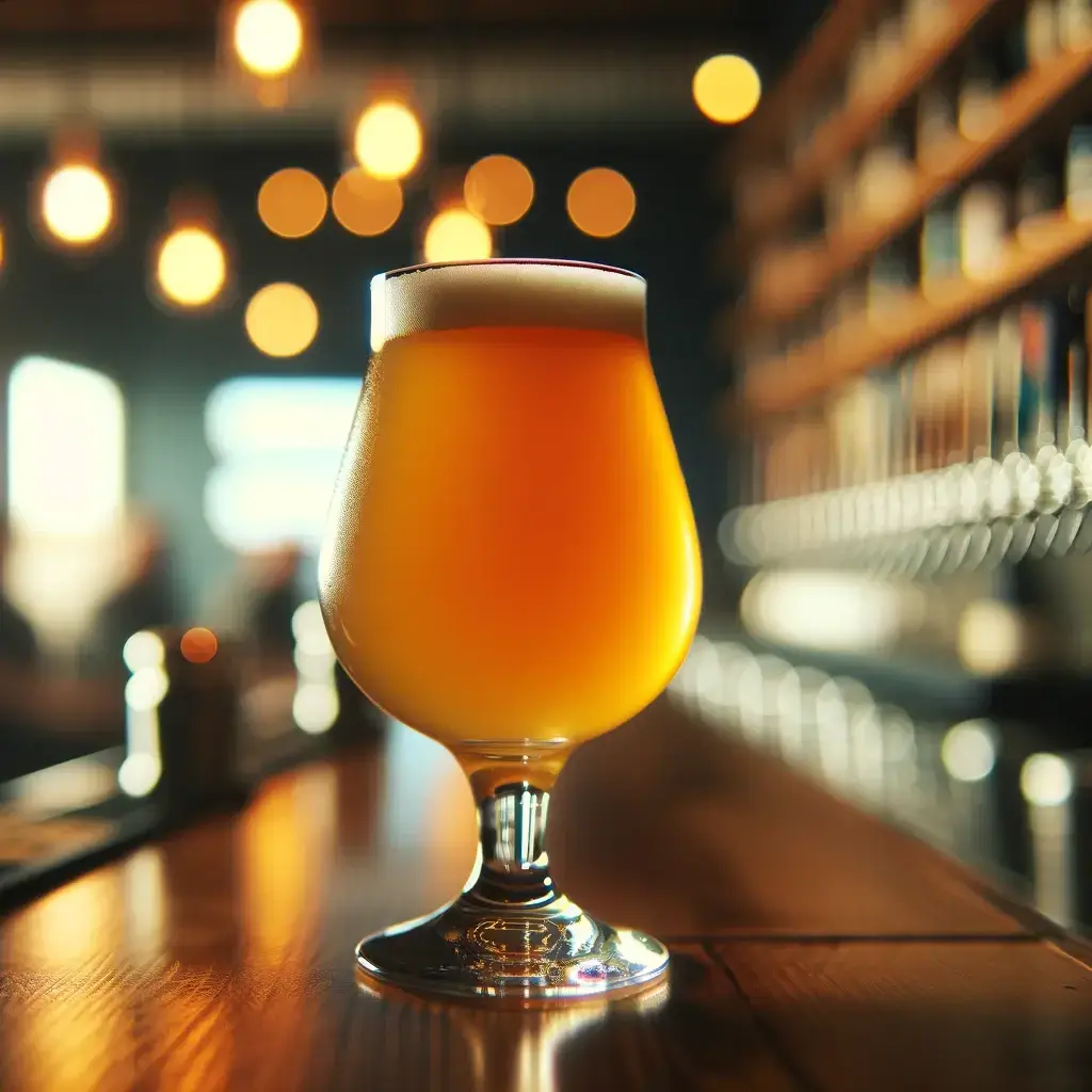 Tulip glass of sour ale on a tidy bar