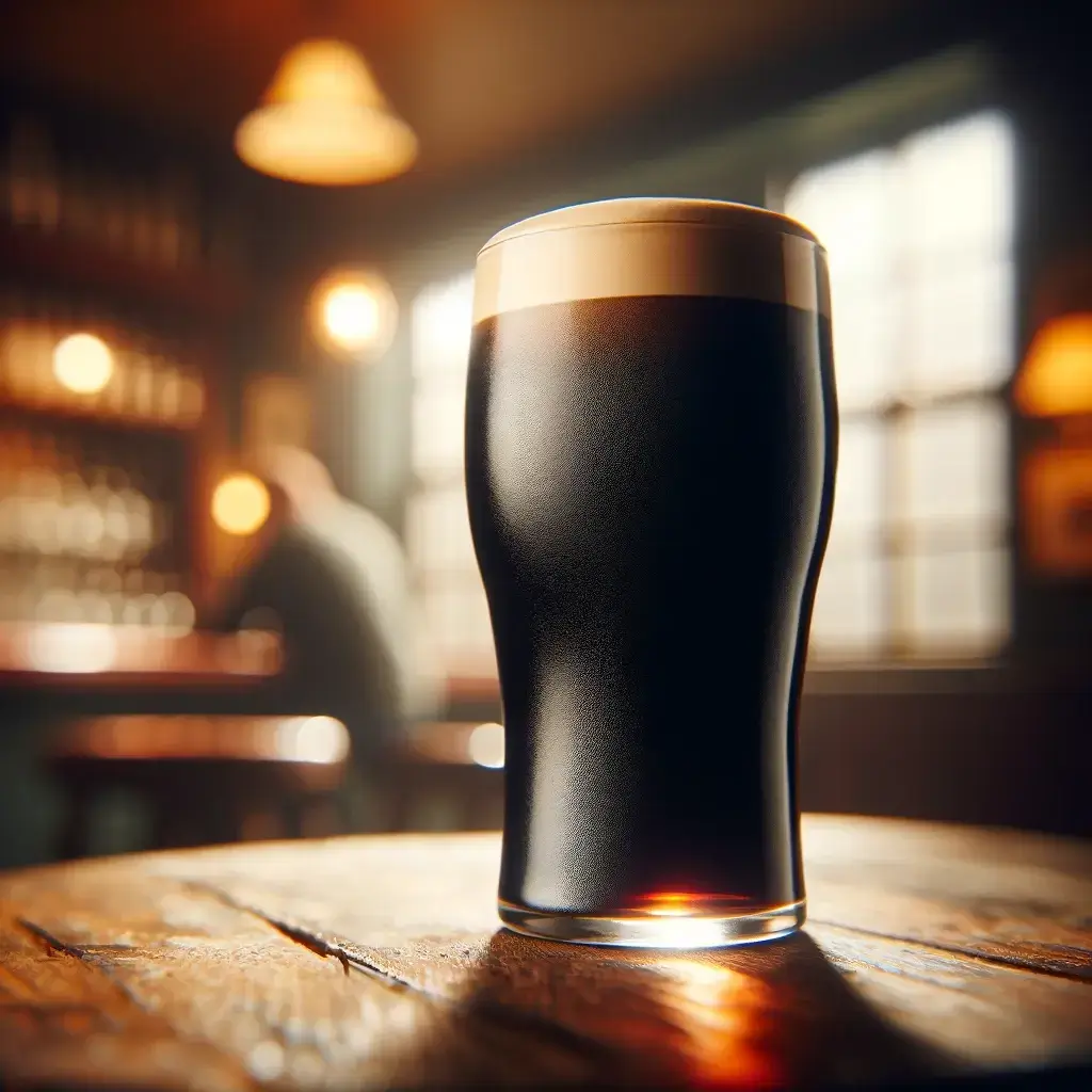 Pint of stout on a pub table