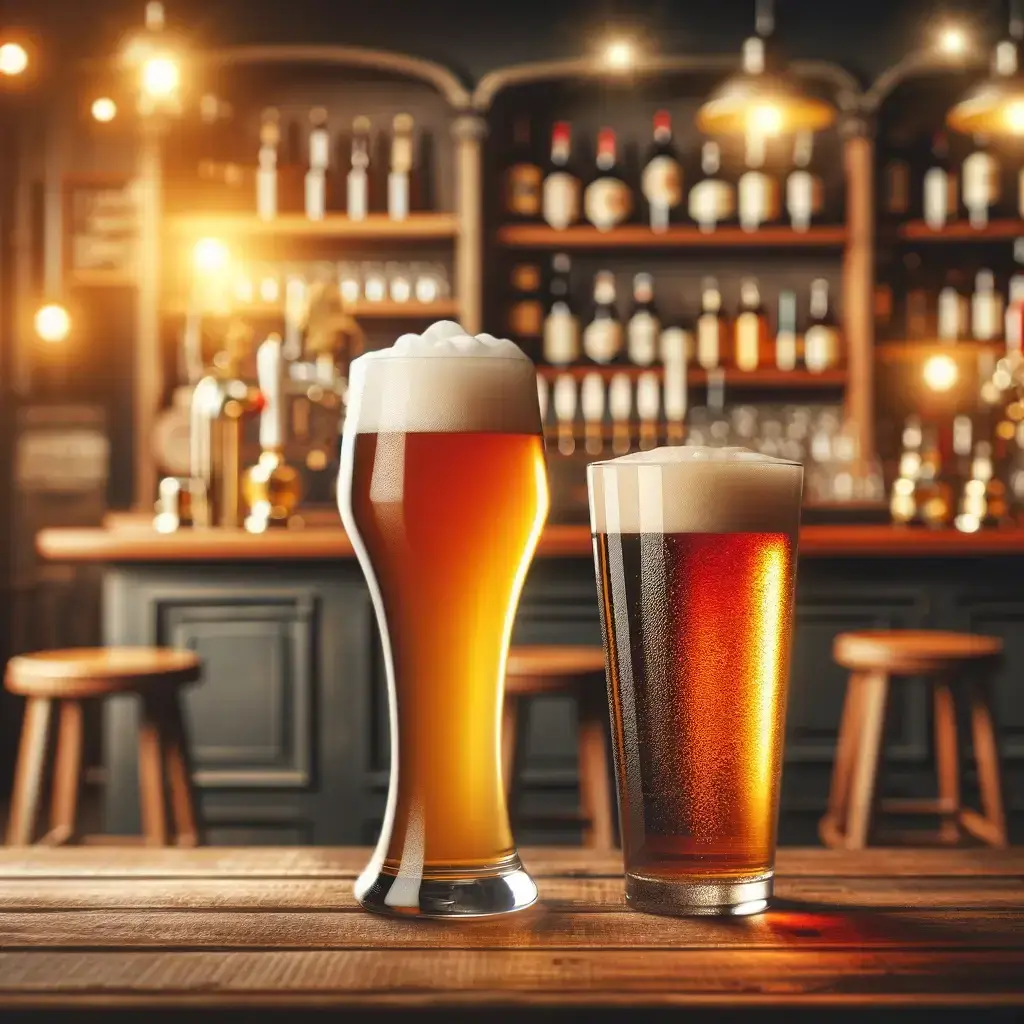 Wheat beer and wheat ale beside each other on the bar