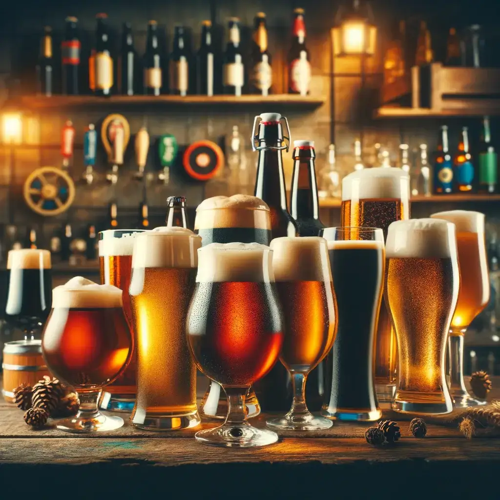 Many different beers poured in glasses ready to drink
