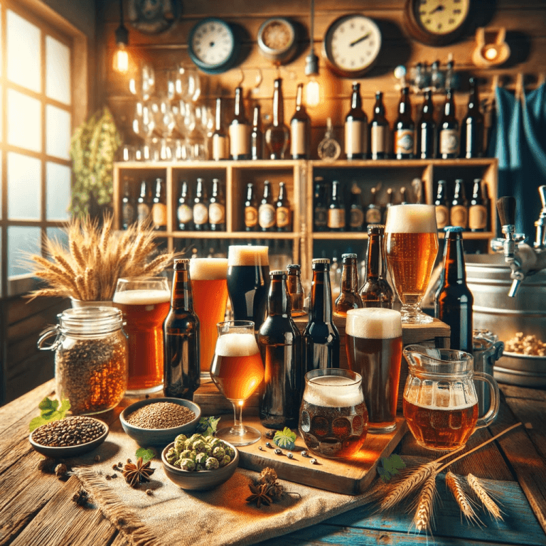 31 types of beer on a rustic table, in bottles and jars ready to drink.