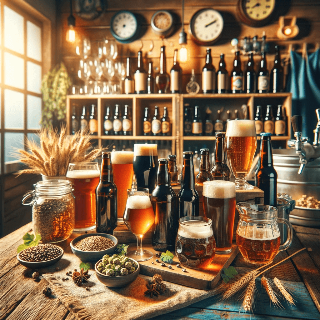 31 types of beer on a rustic table, in bottles and jars ready to drink.