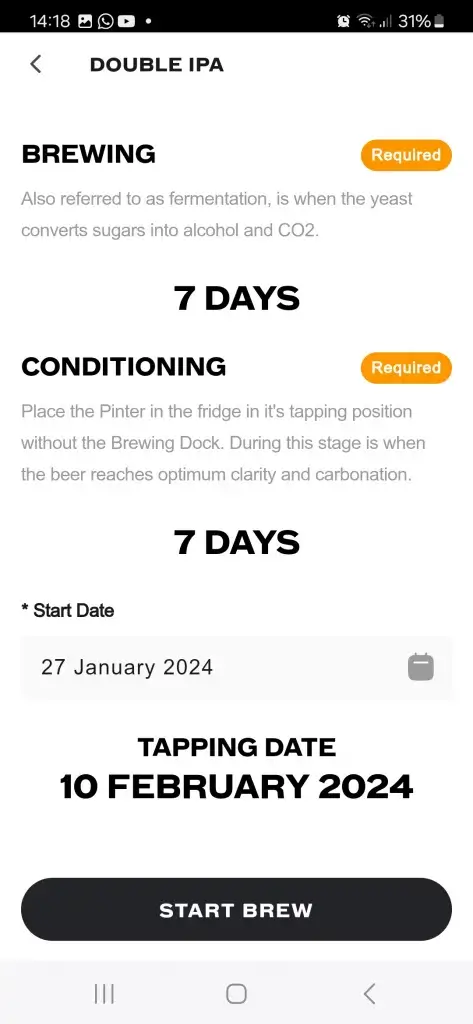 Pinter app screenshot - Start Brew!